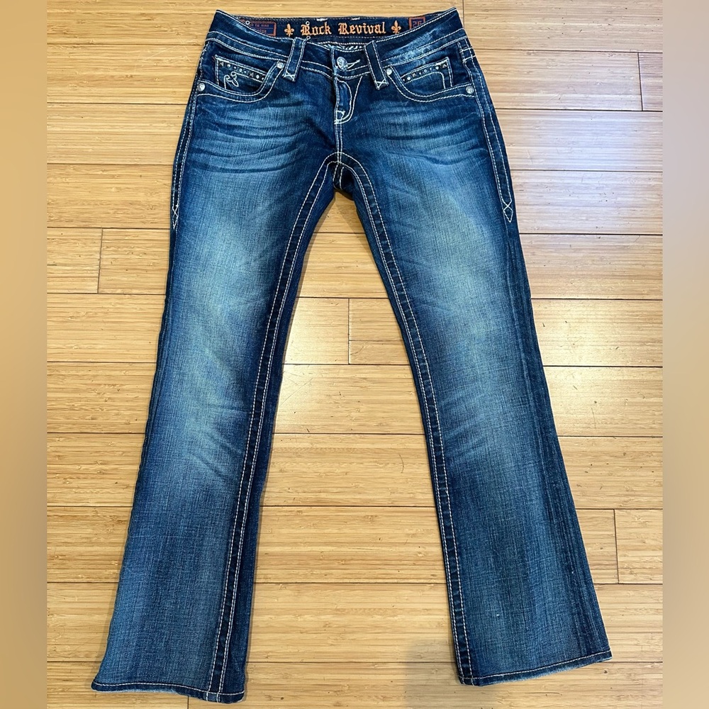 Rock Revival Noell Boot Cut Jeans Size 26 Blue Embroidered Pocket Denim